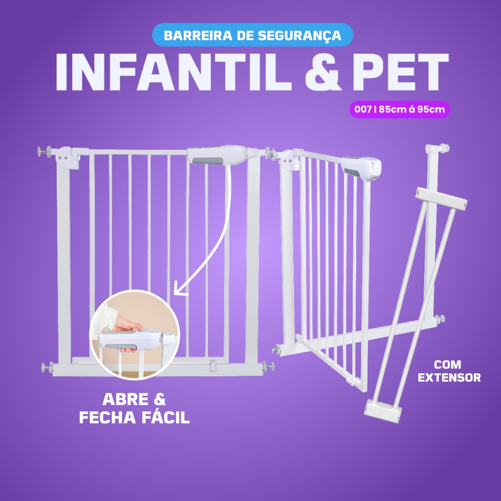 Portão Pet Grade Para Cães Crianças Proteção Para Bebês Acompanha Extensor 75C-85Cm E 85-95Cm