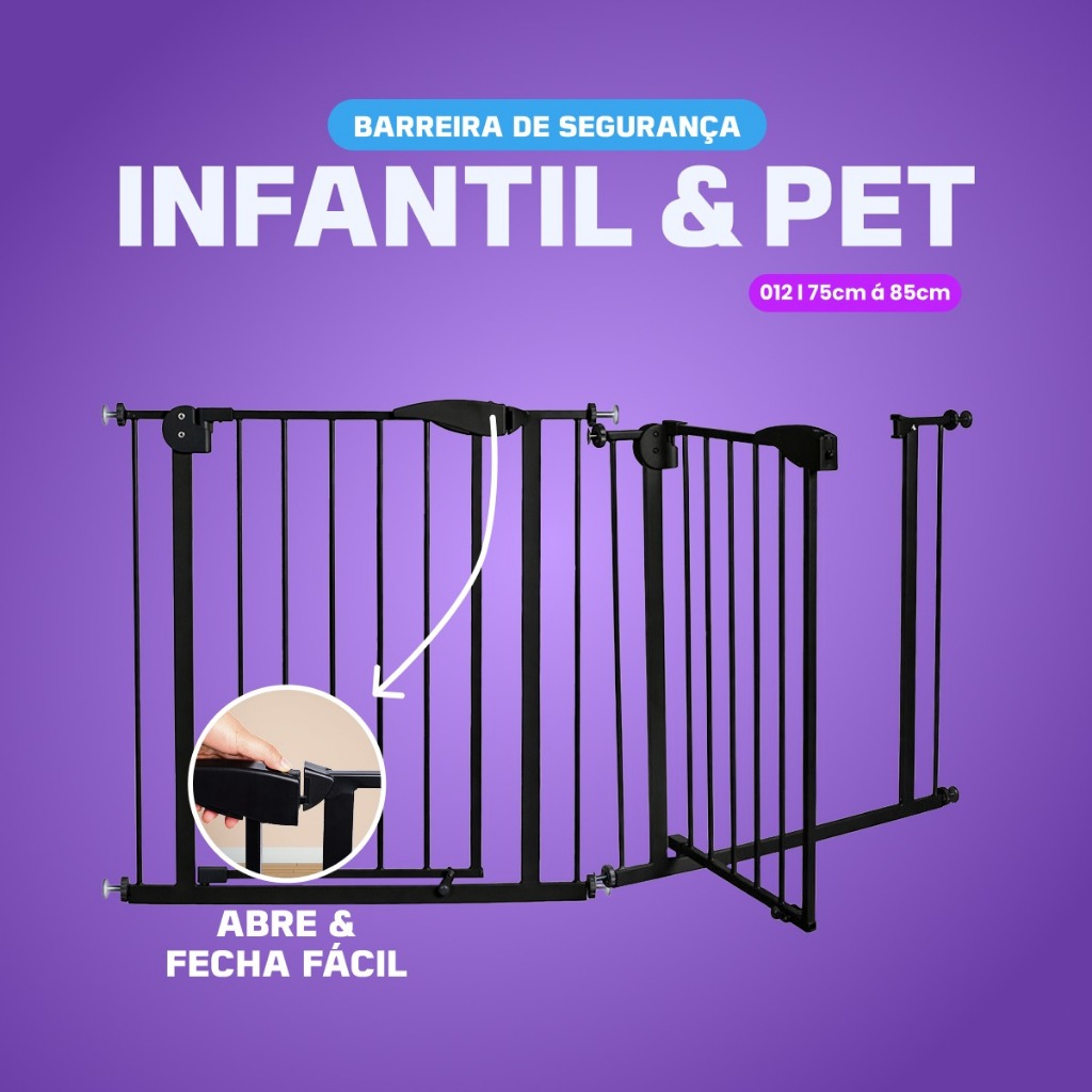 Portão Pet Grade Para Cães Crianças Proteção Para Bebês Acompanha Extensor 75C-85Cm E 85-95Cm