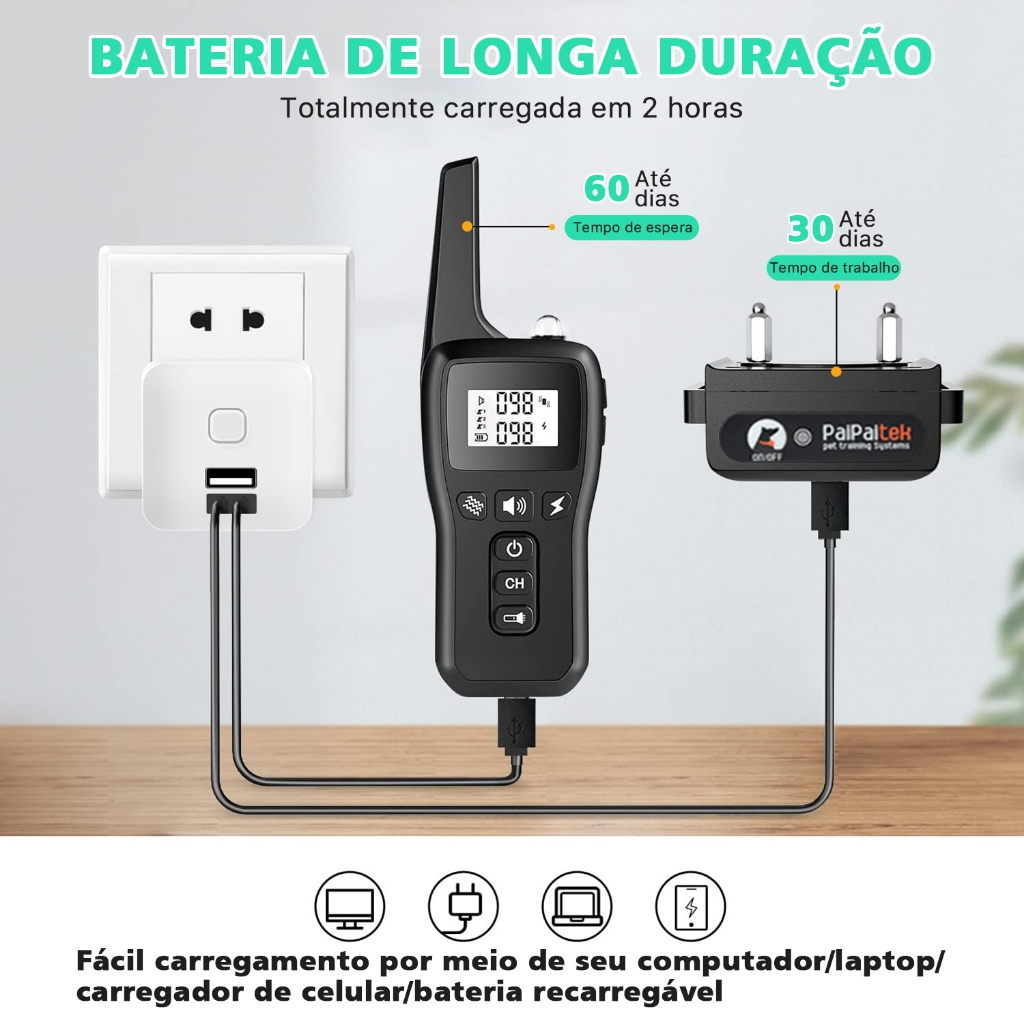 Coleira Colar Adestramento Cães Cachorro Recarregável com controle impermeável Cão grandeCão pequeno