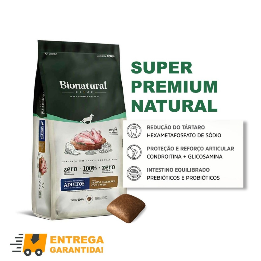Ração Bionatural Prime para Cães Adultos de Raças Medias e Grandes Sabor Frango 20KG