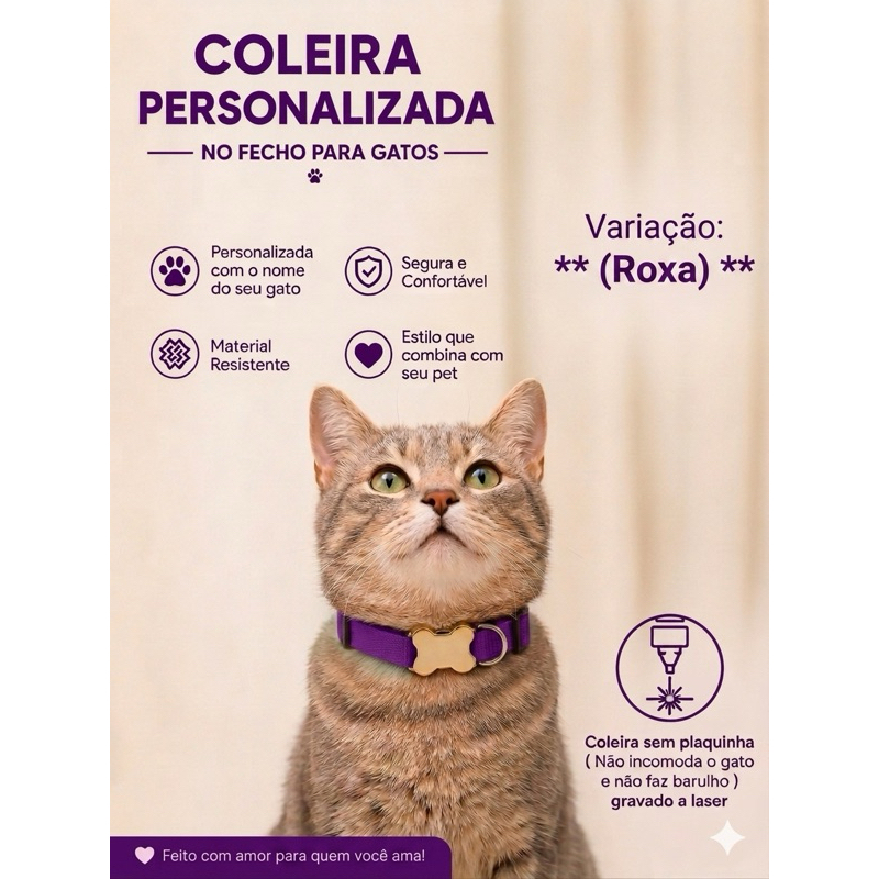 Coleira Gato Com Nome E Telefone Gravado A Laser Sem Plaquinha Ajustável Segura E Confortável