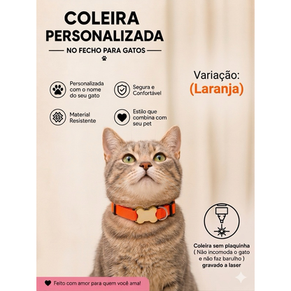 Coleira Gato Com Nome E Telefone Gravado A Laser Sem Plaquinha Ajustável Segura E Confortável