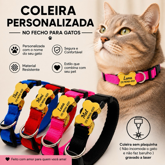 Coleira Gato com Nome e Telefone Gravado a Laser sem Plaquinha Ajustável Segura e Confortável