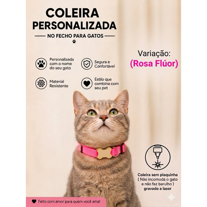 Coleira Gato Com Nome E Telefone Gravado A Laser Sem Plaquinha Ajustável Segura E Confortável