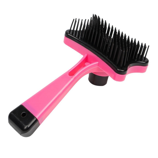 Escova rosa para pelos de pet com cerdas pretas, acessório para higiene animal.