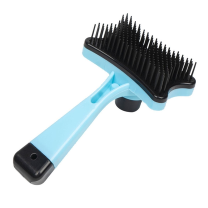 Escova azul para pets com cerdas pretas, ideal para pentear cães e gatos.