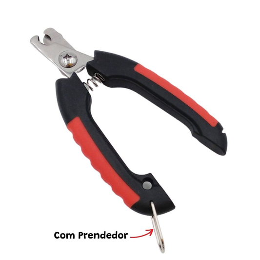 Cortador de unhas para pets preto e vermelho com prendedor e cabo ergonômico