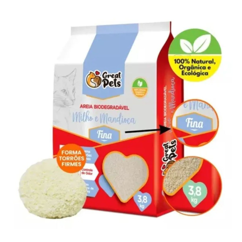 Kit Areia Higiênica Biodegradável Great Pets Gatos 4 Kg (2 pacotes de 2 kg) - Grãos Finos Fino Gato