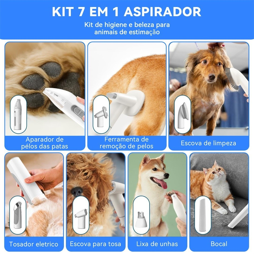Kit de limpeza para cães 7 em 1 Aspirador de Pelos Pet Animais de estimação com 4 pentes de cabelo aspirador