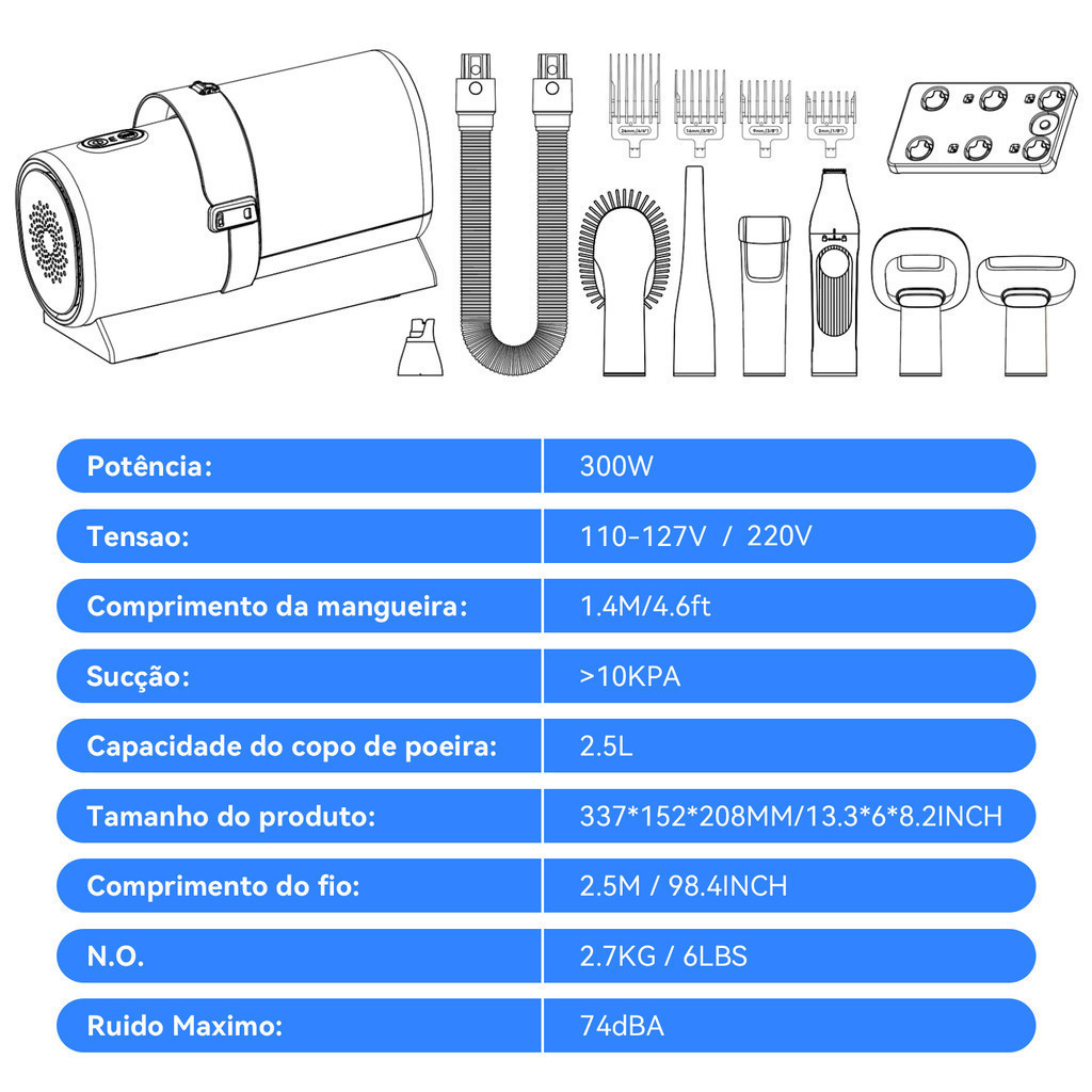 Kit de limpeza para cães 7 em 1 Aspirador de Pelos Pet Animais de estimação com 4 pentes de cabelo aspirador