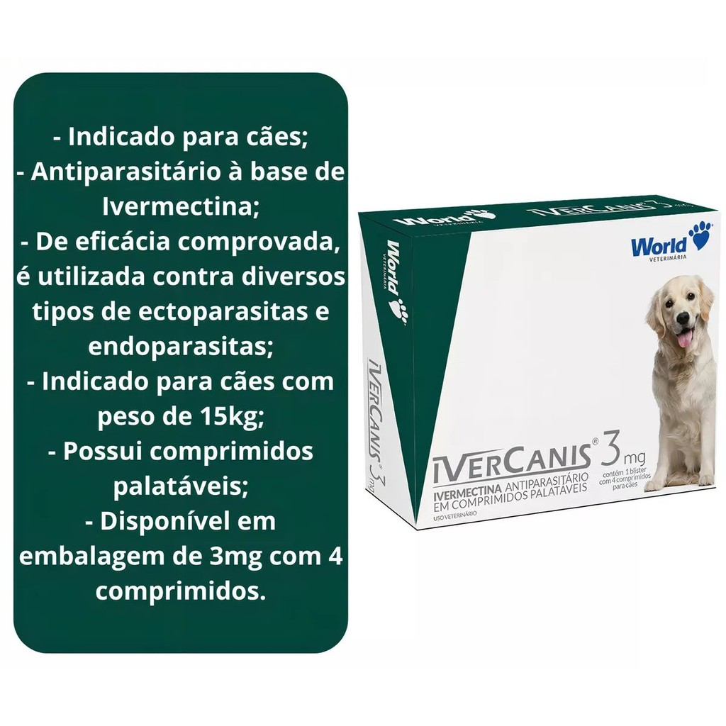 02 Ivernectina Ivercanis 3mg Cães 15kg 4 Comprimidos World