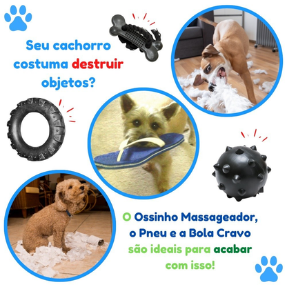 Kit Brinquedo Mordedor para Cachorro Pneu G + Bola Cravo Maciça 75mm + Osso Grande Black com Corda