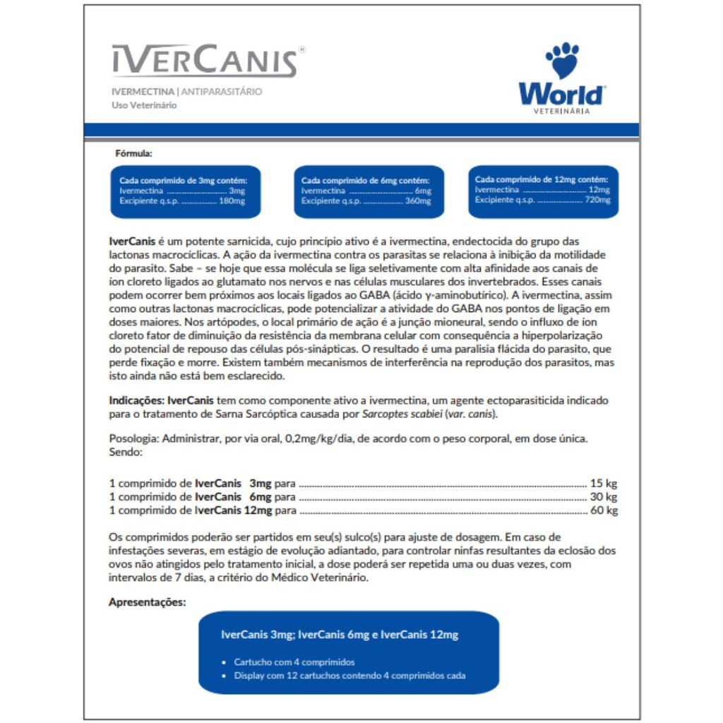 02 Ivernectina Ivercanis 3mg Cães 15kg 4 Comprimidos World