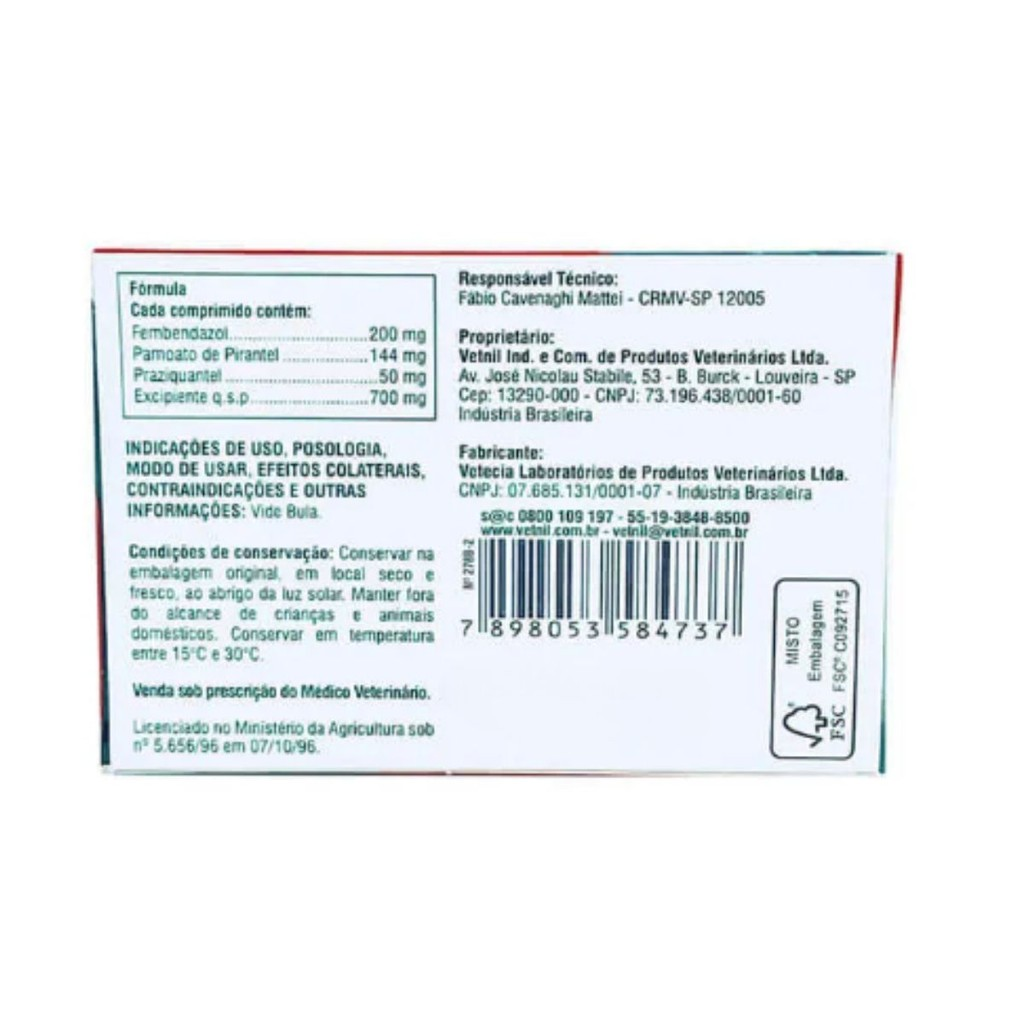 Vermífugo Cães e Gatos Vetmax Plus 4 Comprimidos Vetnil