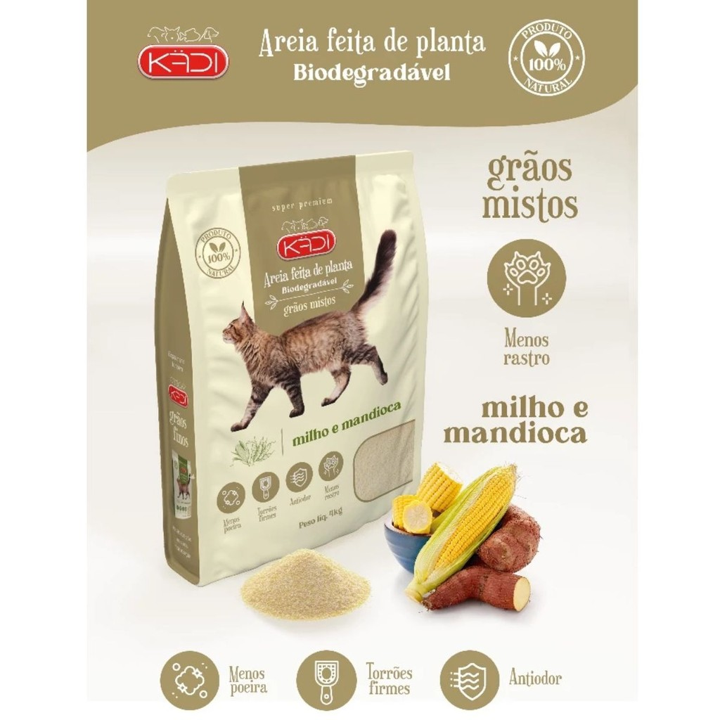 Areia Biodegradável Kadi Grão Misto (fino e grosso) Gato 4kg Milho Mandioca Cat Gatos bio