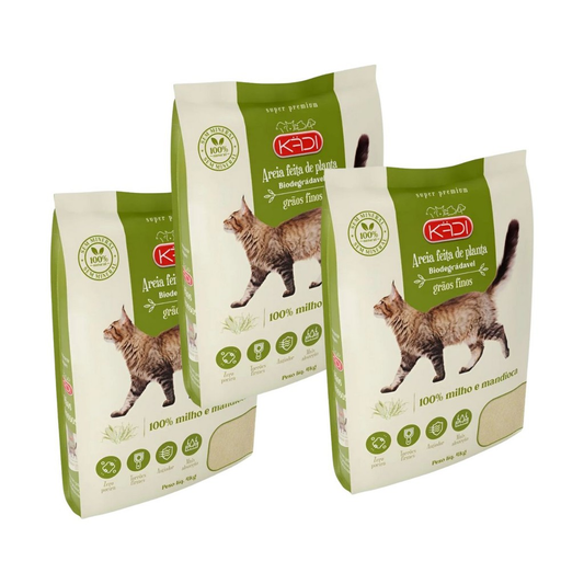 Areia Biodegradável Kadi Grãos Finos Gato 12 KG Grão Cat Milho Mandioca Bio (3 pacotes de 4 kg)
