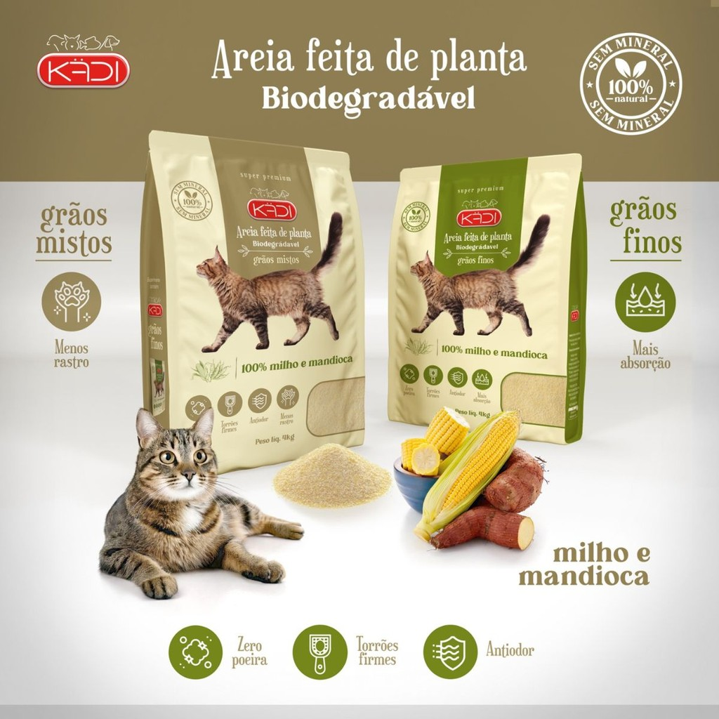 Areia Biodegradável Kadi Grãos Finos Gato 12 KG Grão Cat Milho Mandioca Bio (3 pacotes de 4 kg)