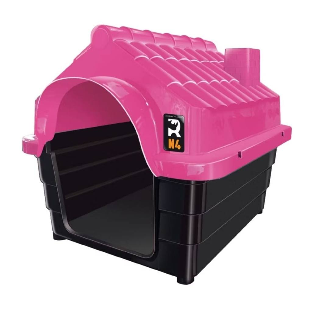 casinha de plástico para pets na cor rosa e preta, formato de casa com telhado, para cães ou gatos