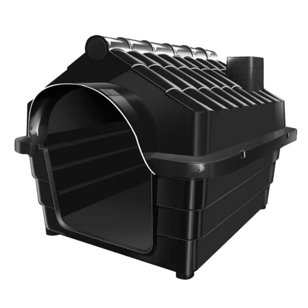 Casinha preta para pets com formato de casa, feita de plástico resistente.