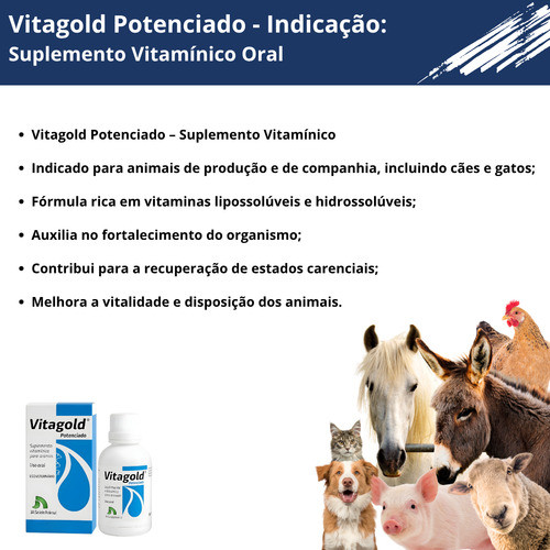 Vitagold Potenciado 20ml Suplemento Vitamina Cães Gatos Aves