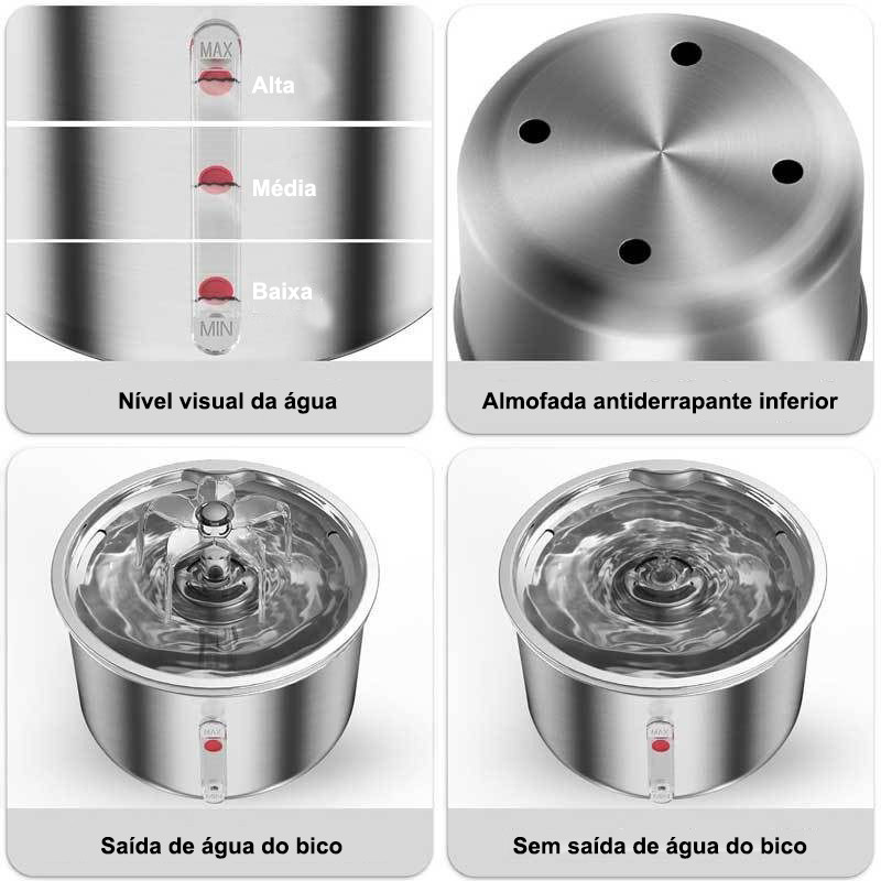 Fonte de Água Automática para Pets 2L em Aço Inoxidável Silenciosa com Janela de Nível para Gatos e Cães VITOR