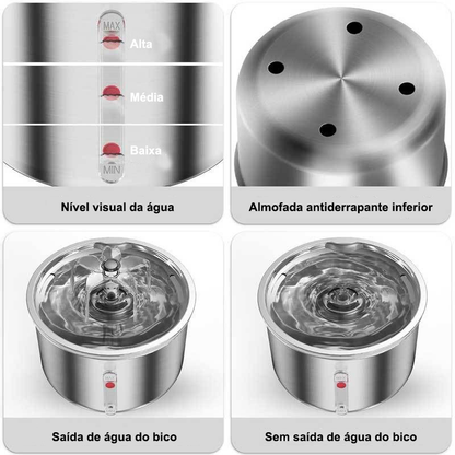 Fonte de Água Automática para Pets 2L em Aço Inoxidável Silenciosa com Janela de Nível para Gatos e Cães VITOR