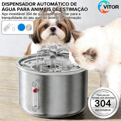 Fonte De Água Automática Para Pets 2L Em Aço Inoxidável Silenciosa Com Janela De Nível Para Gatos E Cães Vitor